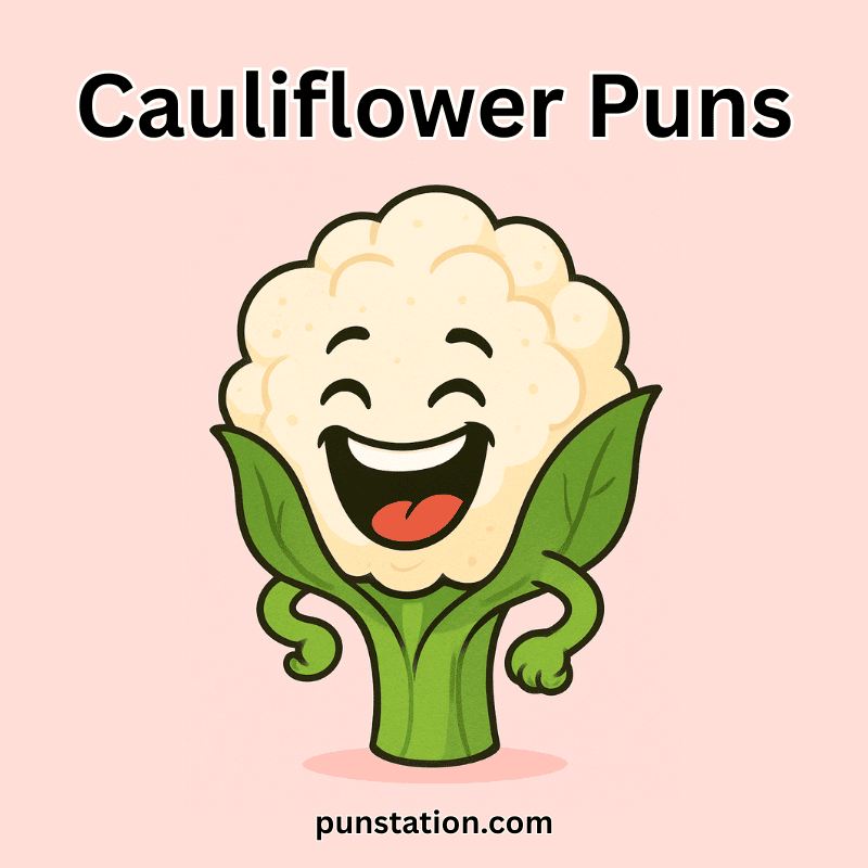 Cute cartoon cauliflower laughing under text "cauliflower puns'