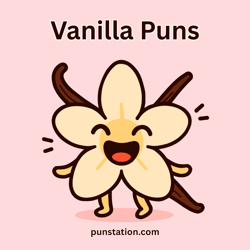 Cartoon vanilla laughing and standing under text vanilla puns