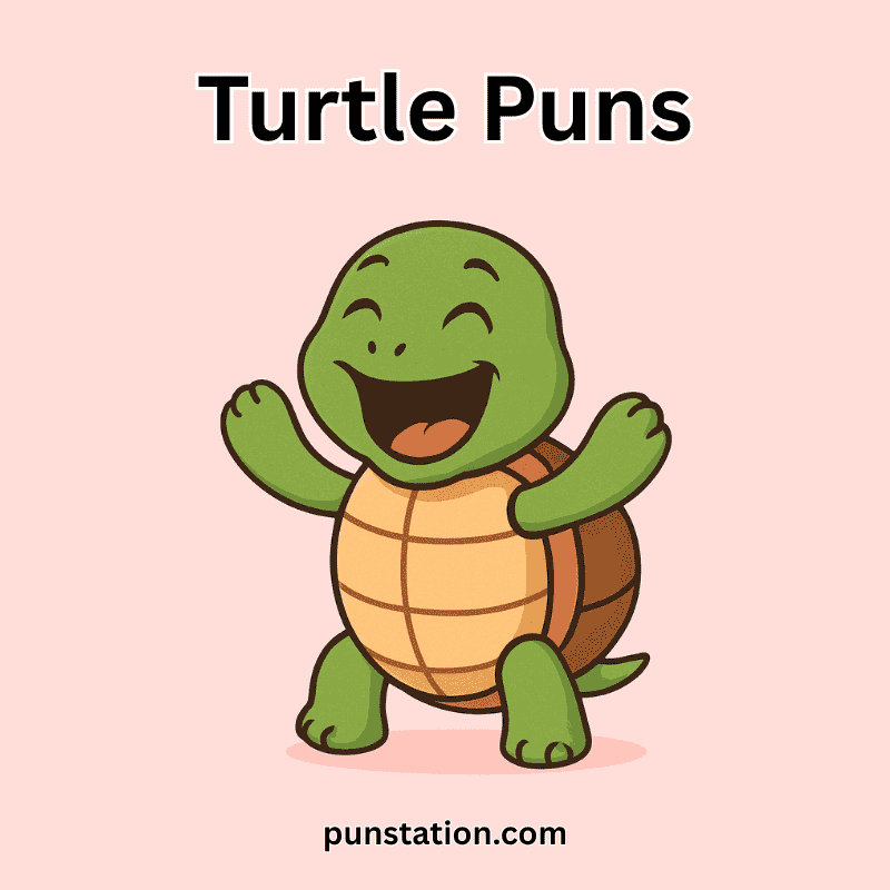 Cute Cartoon Turtlee Laughing under text turtle puns
