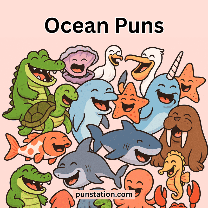 Funny ocean animals laughing under heading Ocean Puns