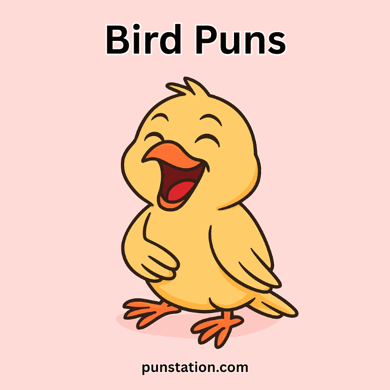 Cute cartoon bird laughing under text bird puns