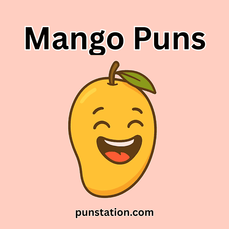 Cartoon mango laughing with text 'mango puns'