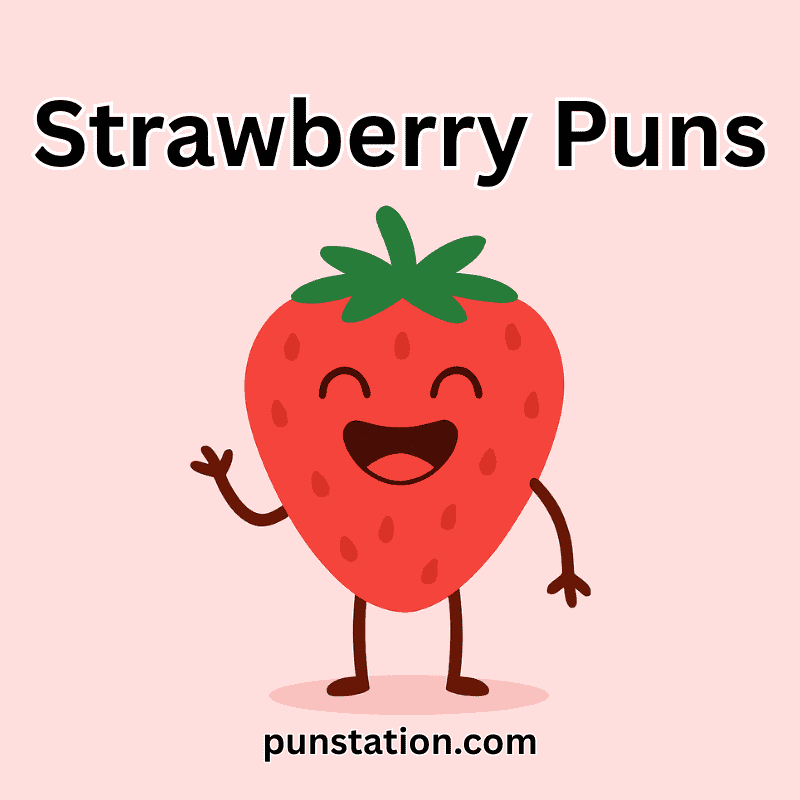 Cartoon Strawberry Laughing and Standing With Text Strawberry Puns