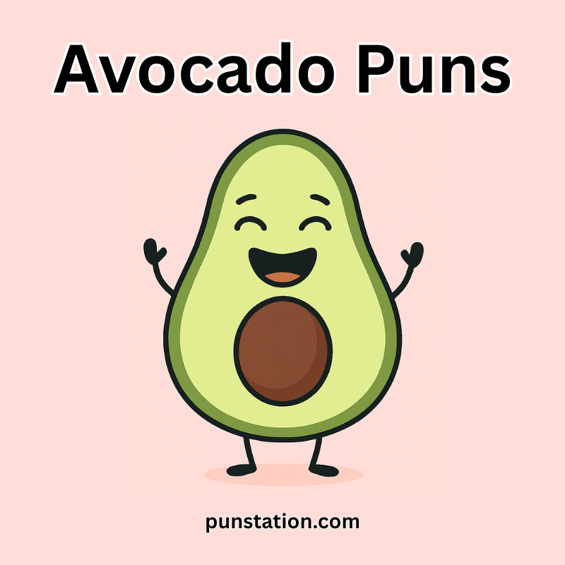 A cartoon avocado laughing and enjoying avocado puns