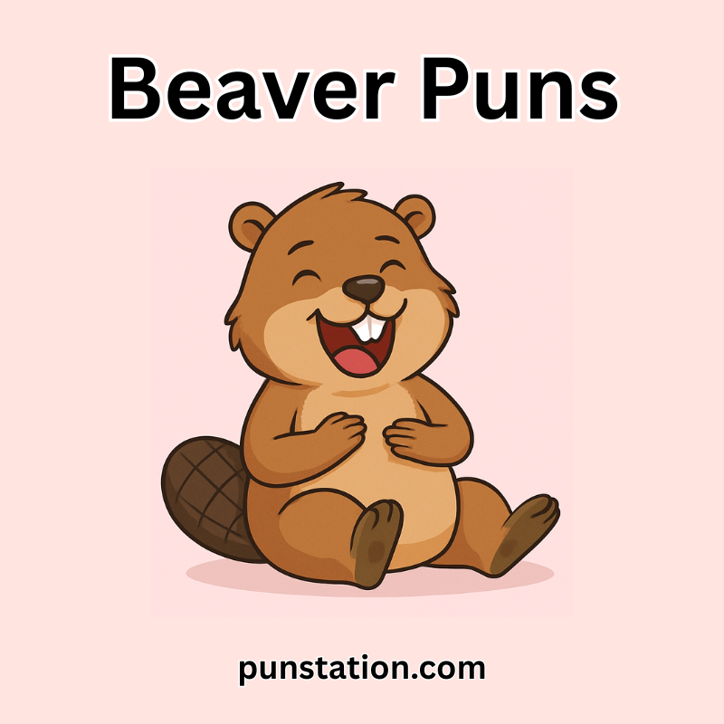 Cartoon beaver laughing on light background, for beaver puns and jokes.