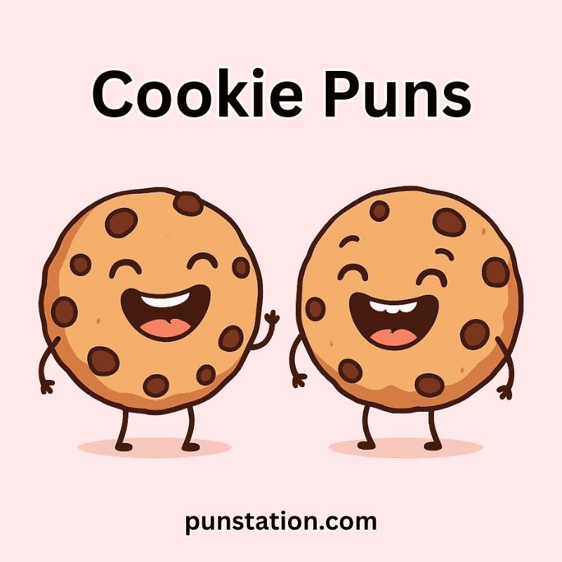 2 cartoon cookies laughing under text cookie puns
