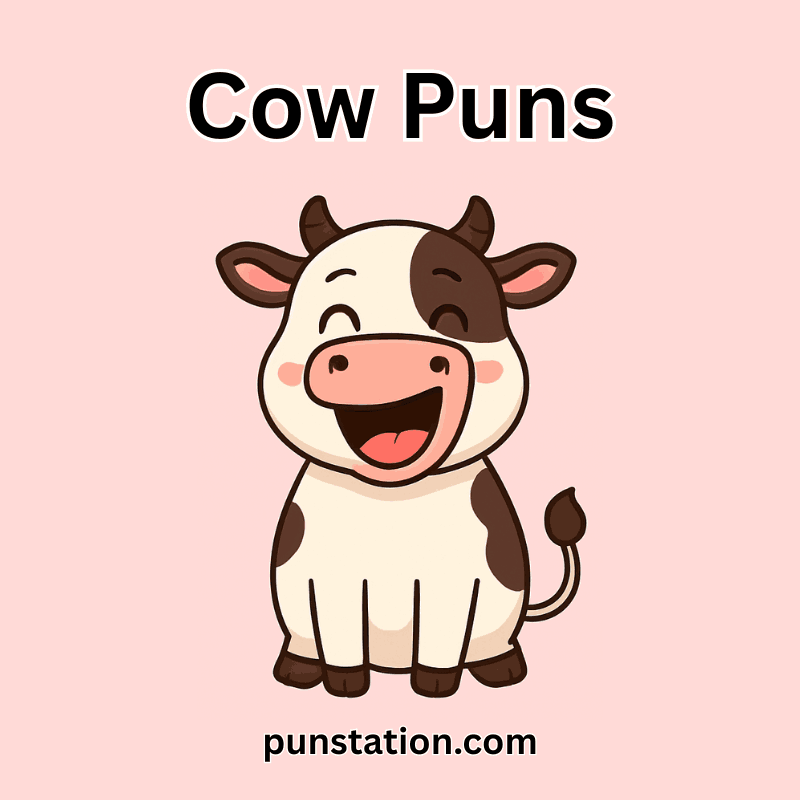 Cartoon Cow Laughing Under Text Cow Puns