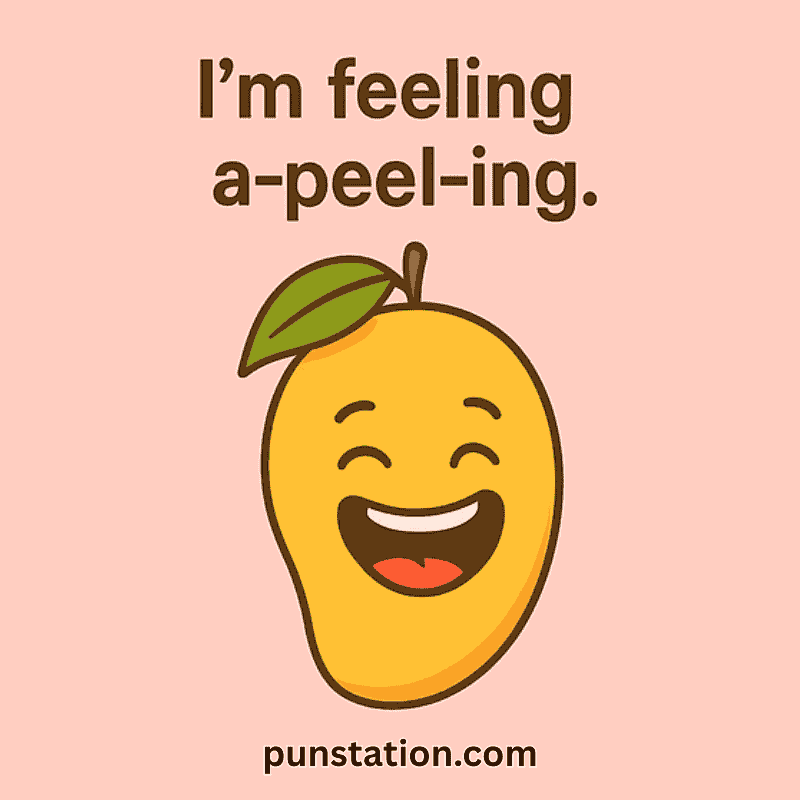 Funny cartoon mango laughing with a pun text