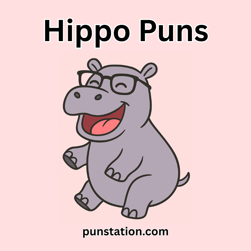 Cartoon hippo wearing glasses and laughing, perfect for hippo puns and jokes blog.