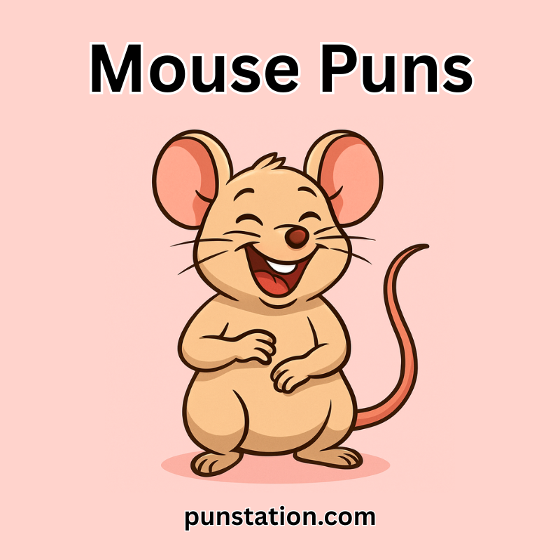 Laughing cartoon mouse on pink background for mouse puns.