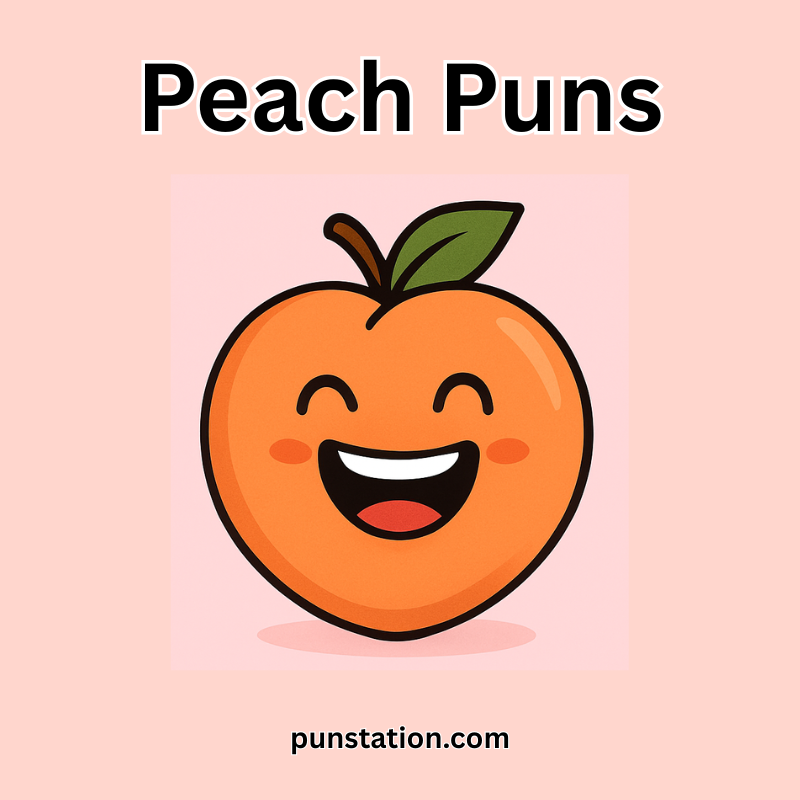 Cartoon peach laughing at funny peach puns on a light pink background