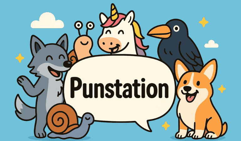 Cartoon illustration of various animals, foods, and fantasy creatures with speech bubbles containing puns