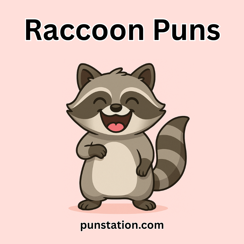 Cartoon raccoon laughing at raccoon puns and jokes
