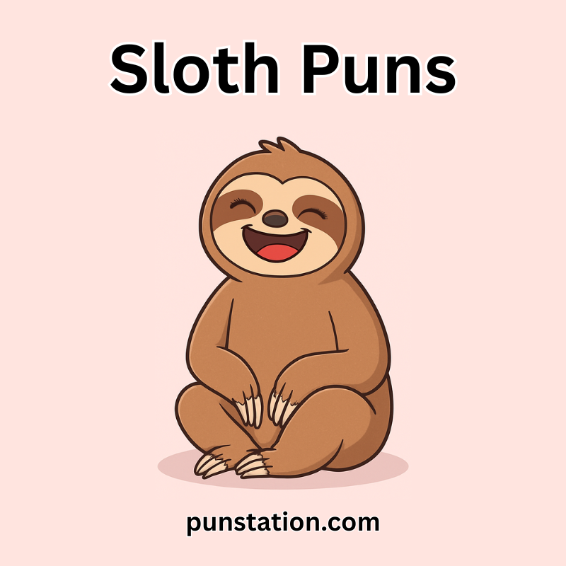 cartoon sloth sitting and laghing in light pink background