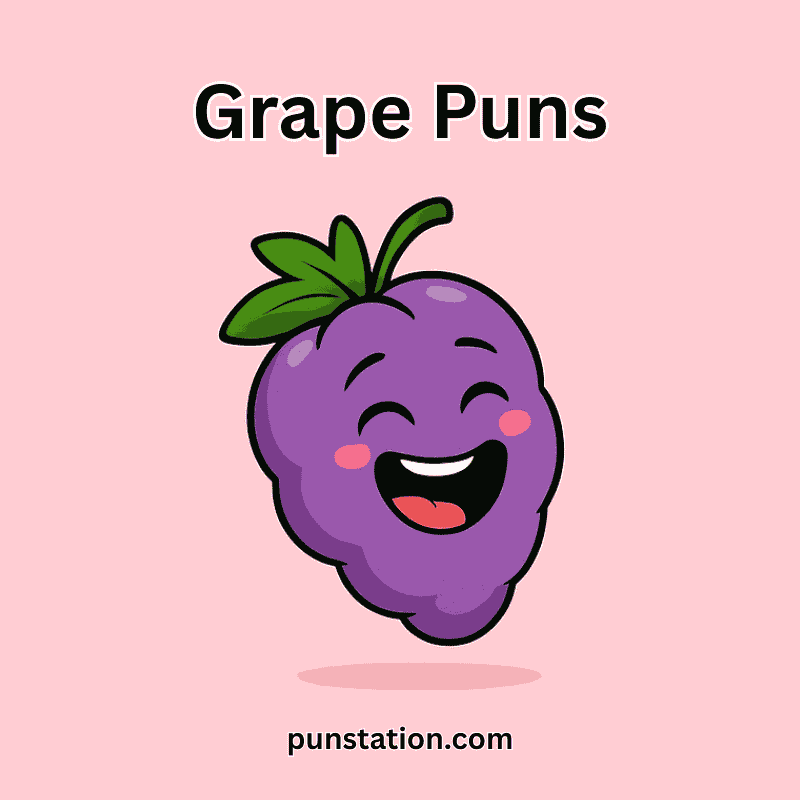 Funny grape cartoon laughing under text grape puns