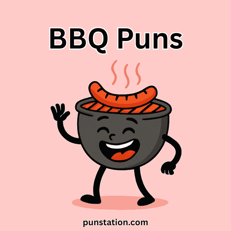 Funny bbq cartoon laughing under text BBQ puns