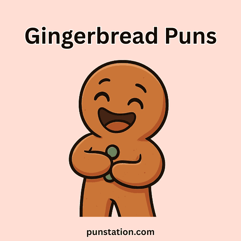 Funny gingerbread cartoon laughing under text gingerbread puns