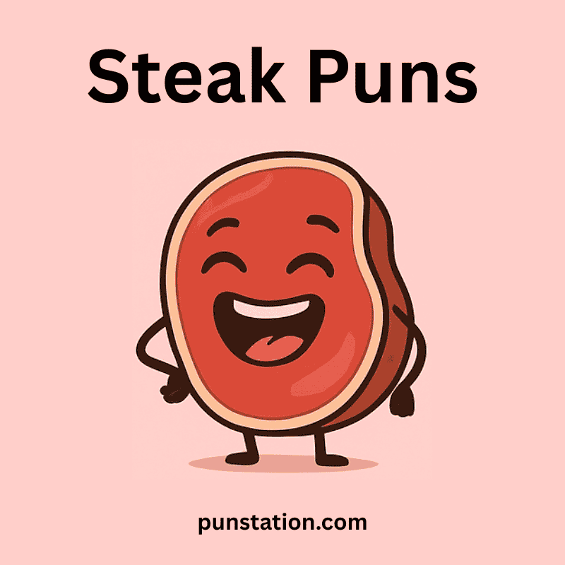 Funny steak cartoon laughing at steak puns in light pink background