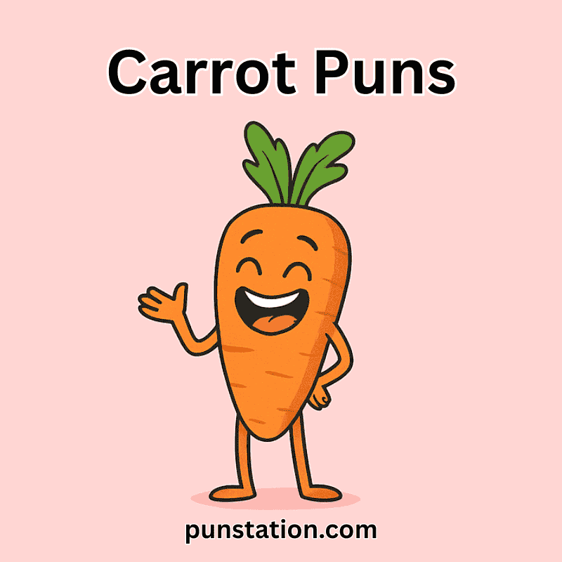 A cartoon of carrot laughing and standing under text cartot puns