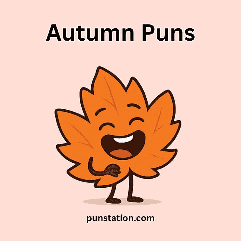 A cartoon leaf of autumn season laughing under text Autumn Puns