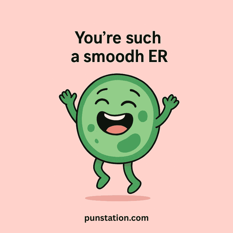 Funny biology cartoon jumping and lauging under biology pun text
