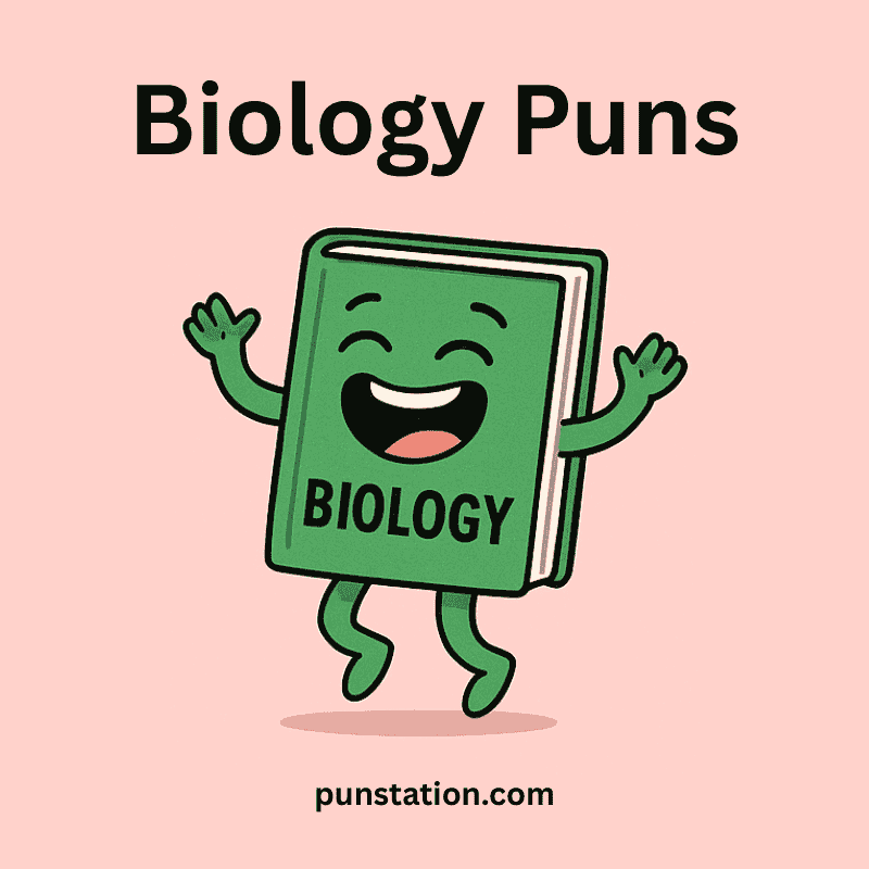 A book of biology cartoon laughing under text biology puns