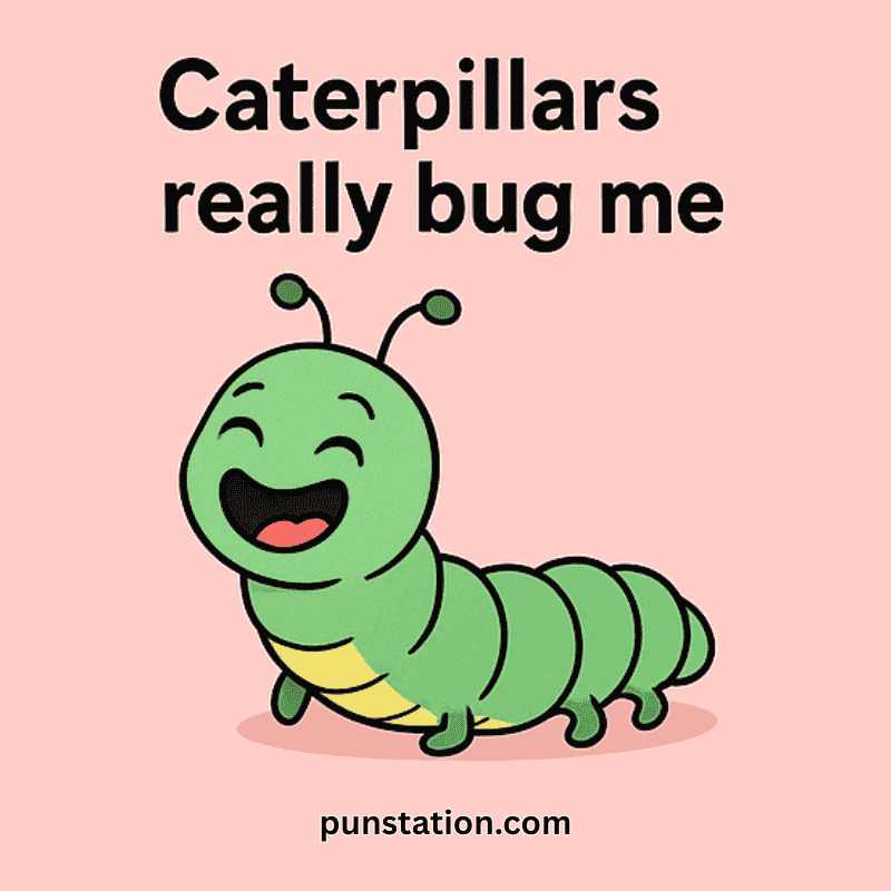 Caterpillar cartoon laughing under funny pun