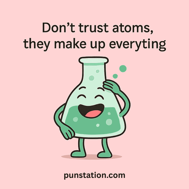 Laboratory flask cartoon laughing with funny atom pun text