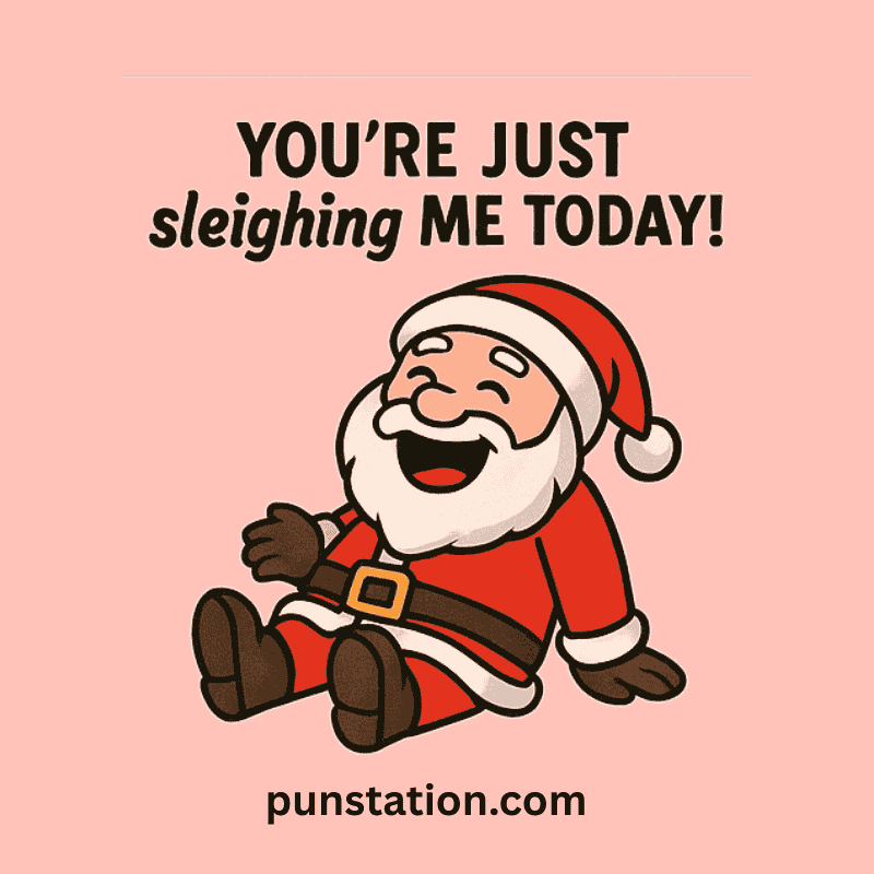Funny santa cartoon sitting and laughing under chriatmas puns