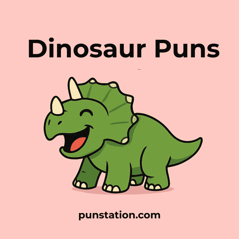Funny cartoon of dinosaur laughing under text dinosaur puns