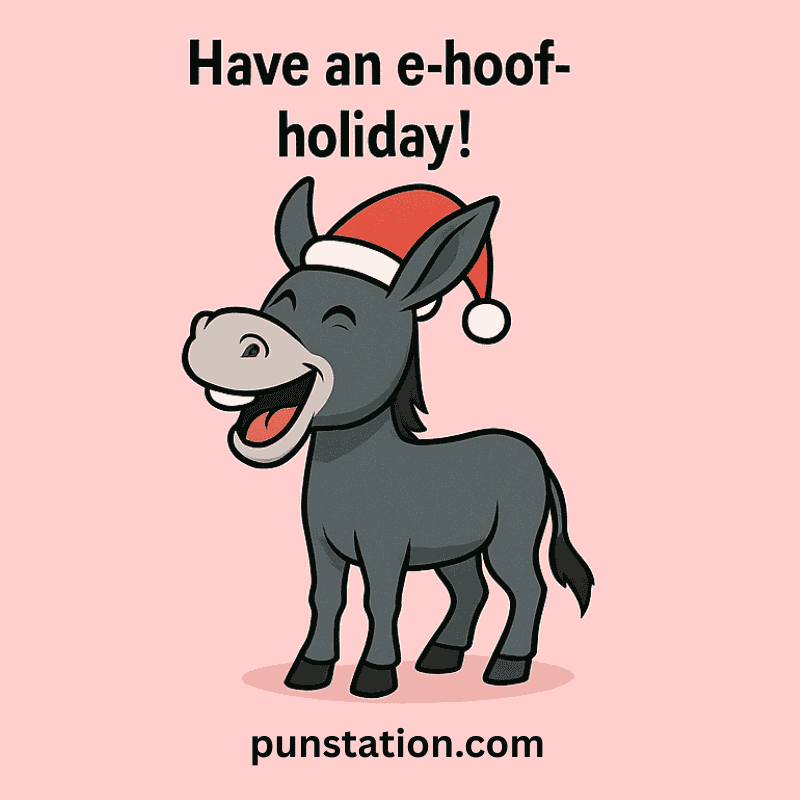 Donkey cartoon wearing christmas hat and laughing under short pun