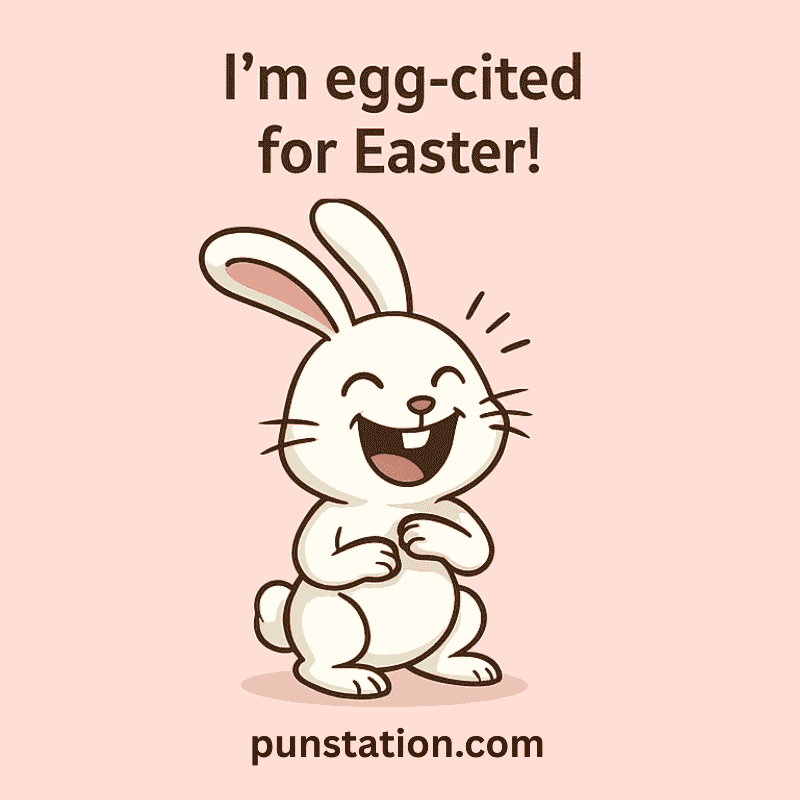 Funny bunny cartoon laughing under easter pun
