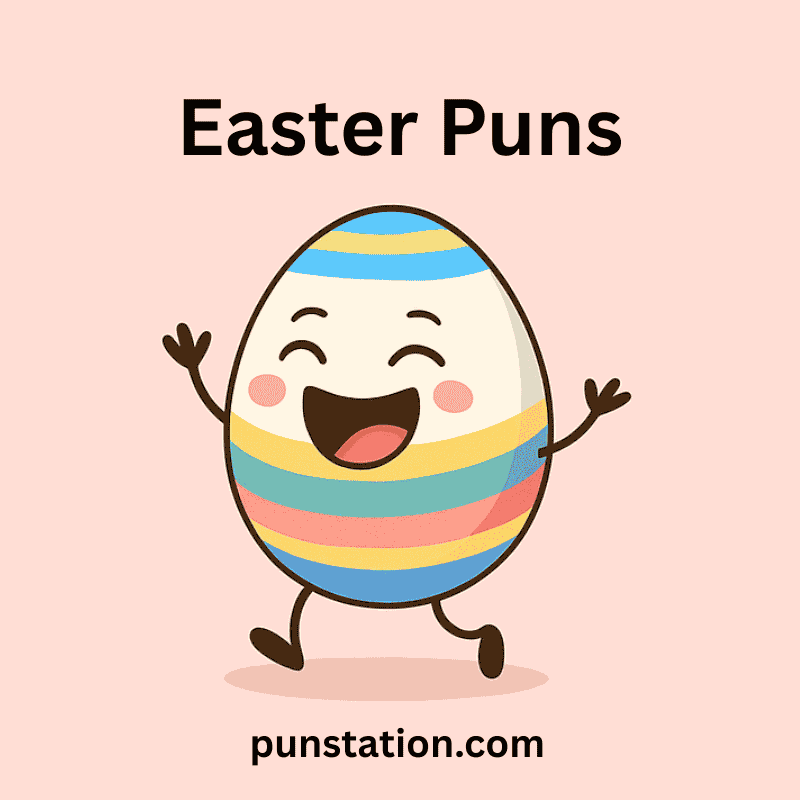 Lughing cartoon of easter egg under text easter pun