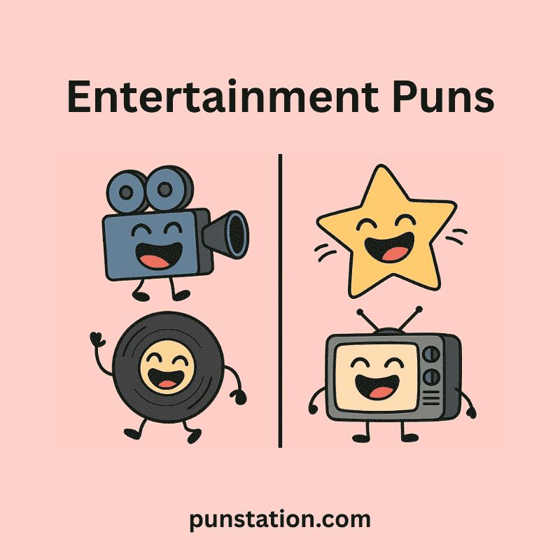 Old movie camera, disc, Tv, and star are laughing under text entertainment puns