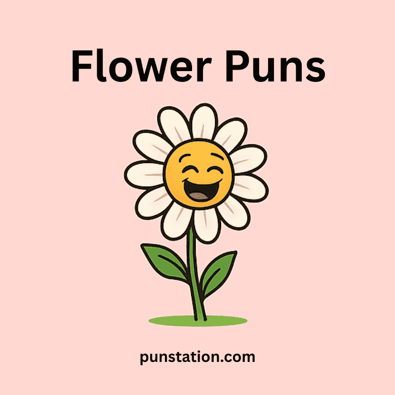 A cartoon of flower laughing under text flower puns
