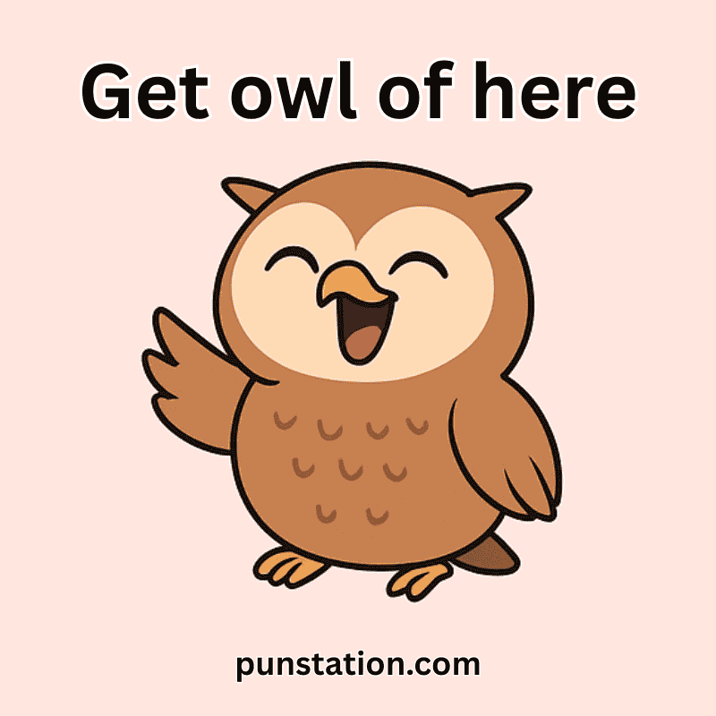 Laughing Cartoon Owl Under Owl Pun 'Get owl of here'