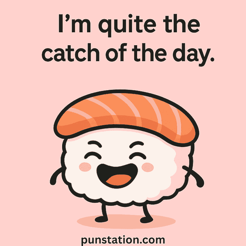 Funny Sushi Pun with laughing sushi cartoon