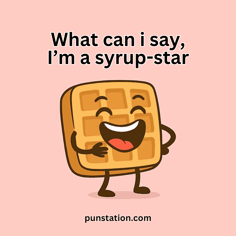 A cartoon waffle laughing with funny text