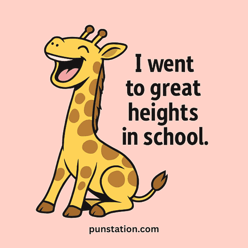 Giraffe cartoon sitting and laughing with puns caption