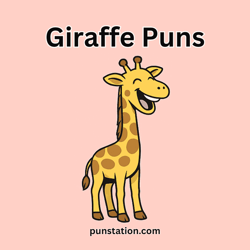Giraffe cartoon laughing under text giraffe puns