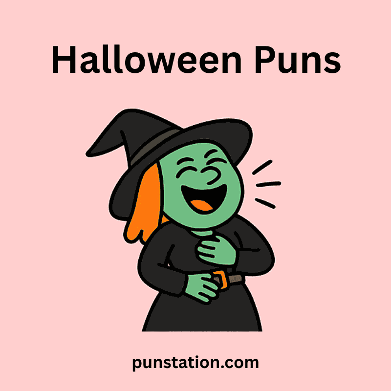 Funny Witch Cartoon Laughing Under Text Halloween Puns
