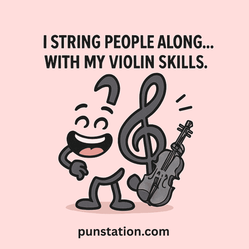 A music cartoon laughing under with violin under short music pun