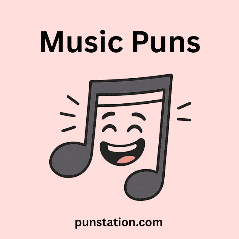 Music sign cartoon laughing under text music puns