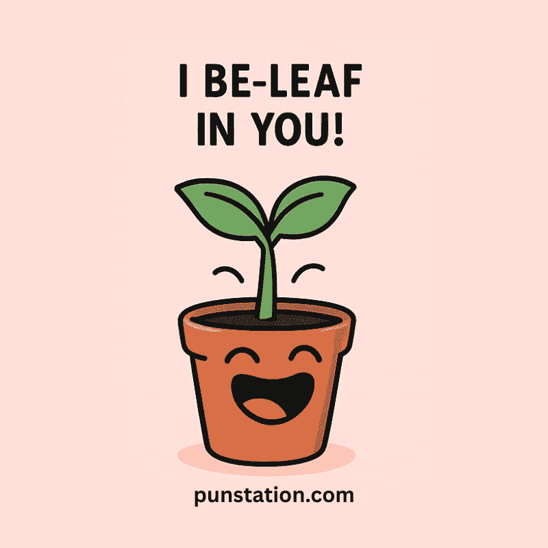 A cartoon plant laughiung under plant pun caption