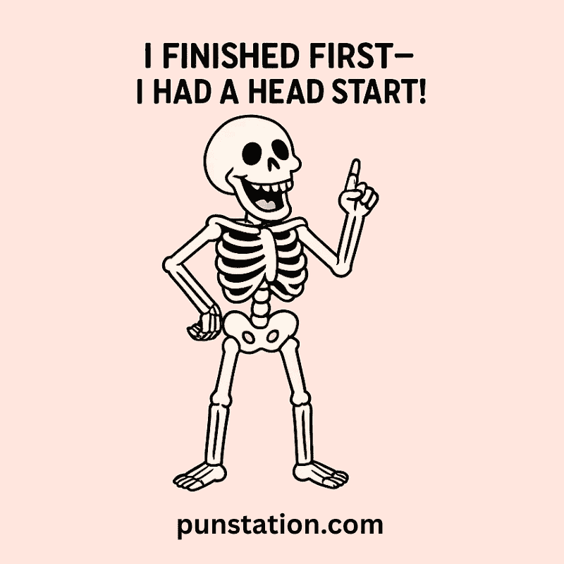 Skeleton cartoon laughing and pointing funny pun text