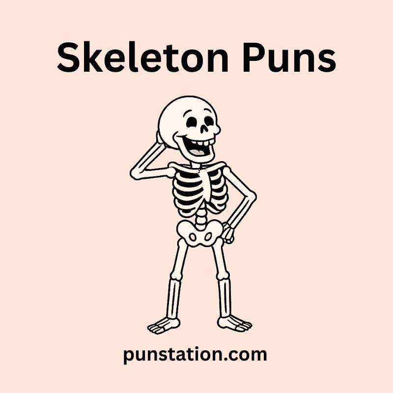 Funny skeleton laughing under text skeleton puns
