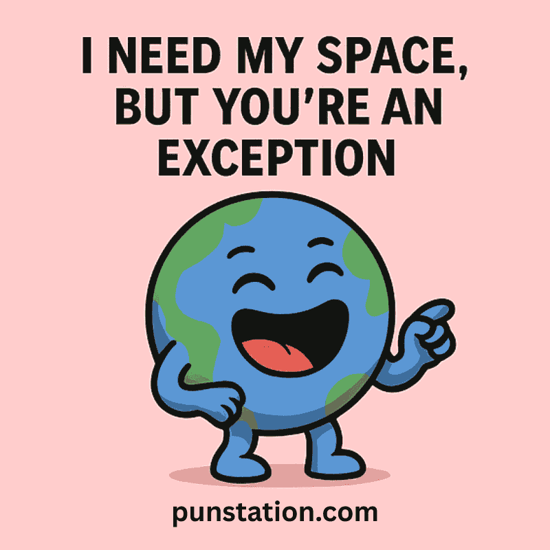 Funny earth ball cartoon with legs and hand laughing under funny space pun