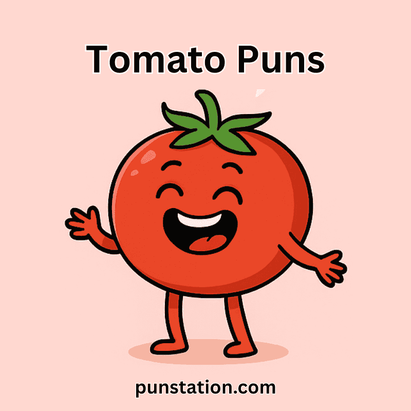 Tomato cartoon laughing and standing under text tomato puns