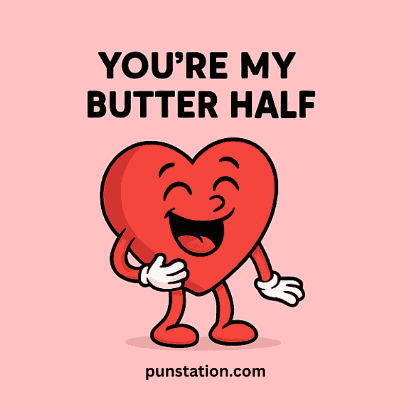 A cartoon or heart laughing with funny pun text