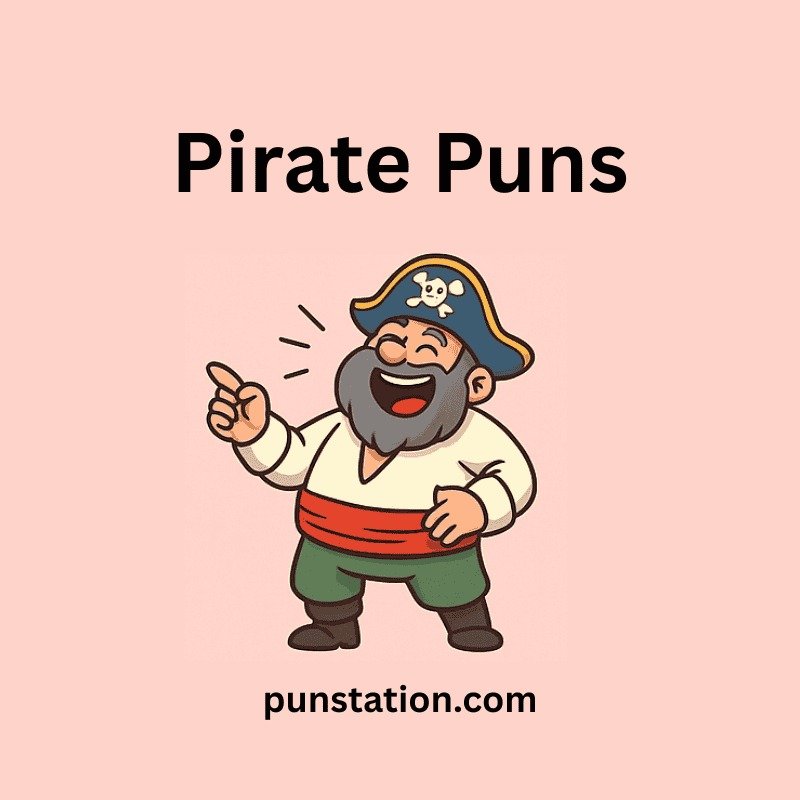 Funny Pirate cartoon pointing and laughing under text pirate puns